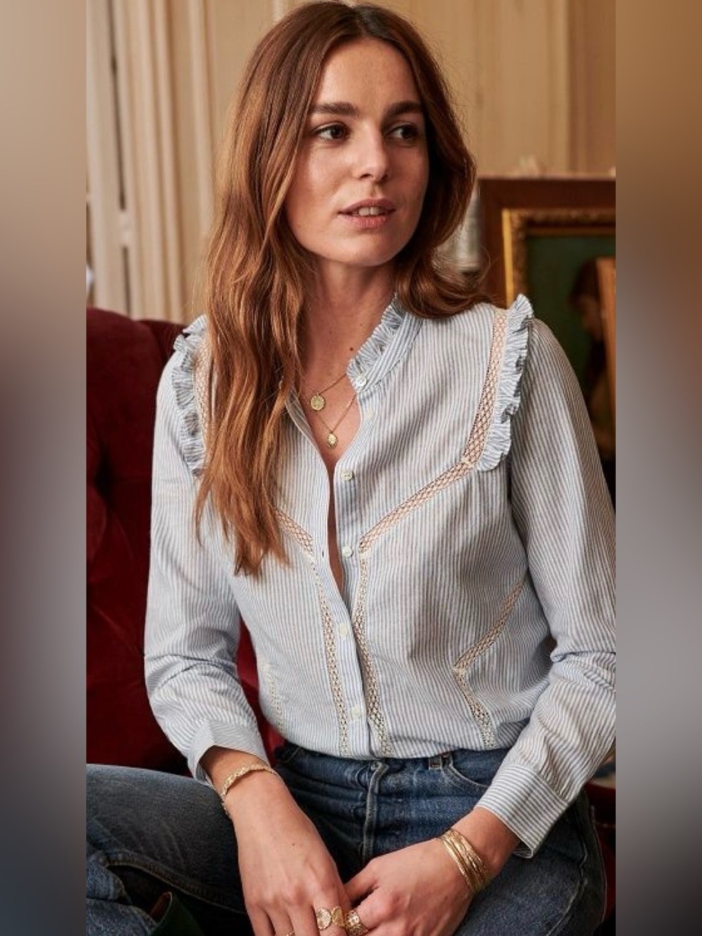 Sezane Striped Ruffle-Yoke Button Down Shirt in Light Blue and White